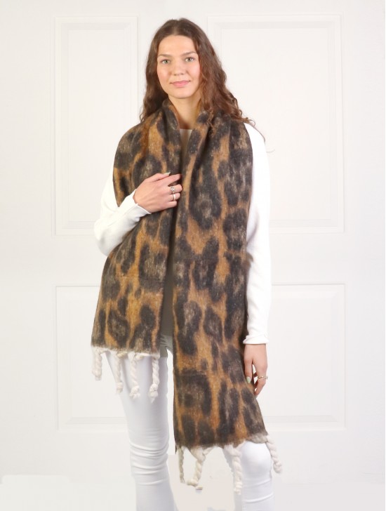 Reversible Leopard Blanket Scarf W/ Twisted Tassels